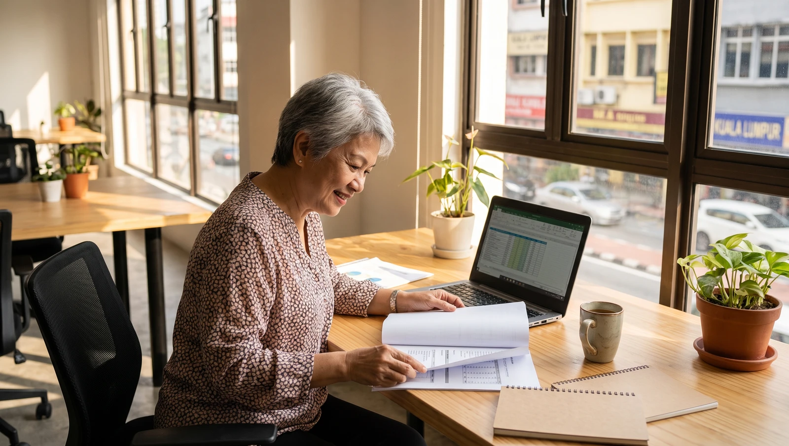 A Malaysian small business owner reviewing an overdue invoice on a tablet with a calendar showing a past-due date.