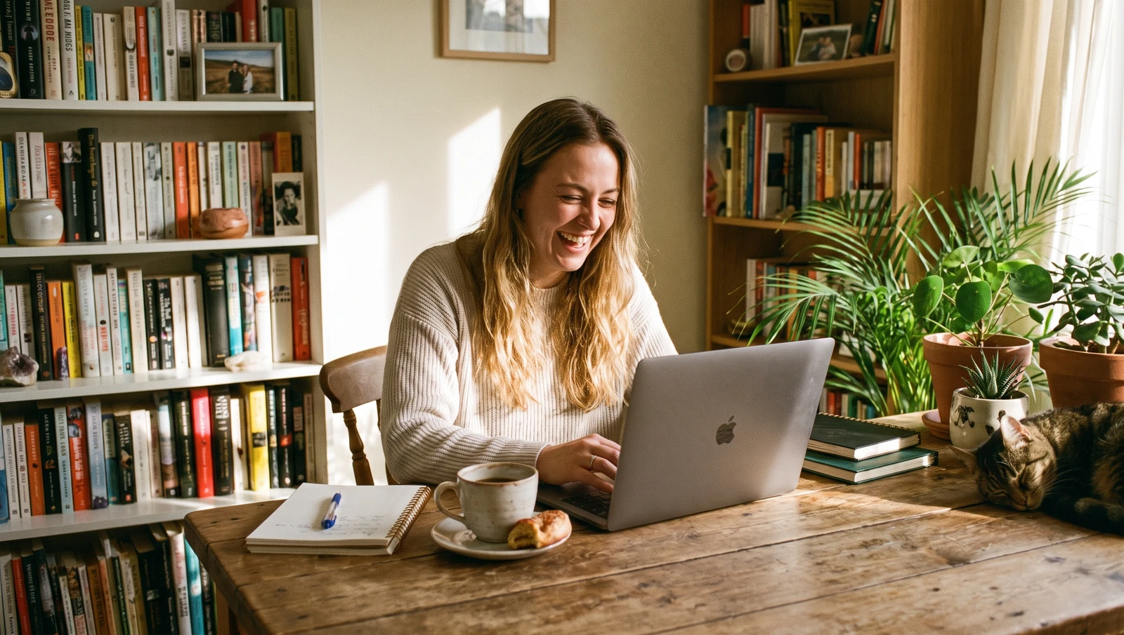 Woman laughing while working on a laptop at a home desk, cat resting nearby