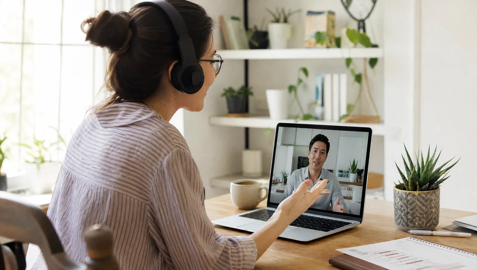A Malaysian freelancer video calling an international client while reviewing an invoice