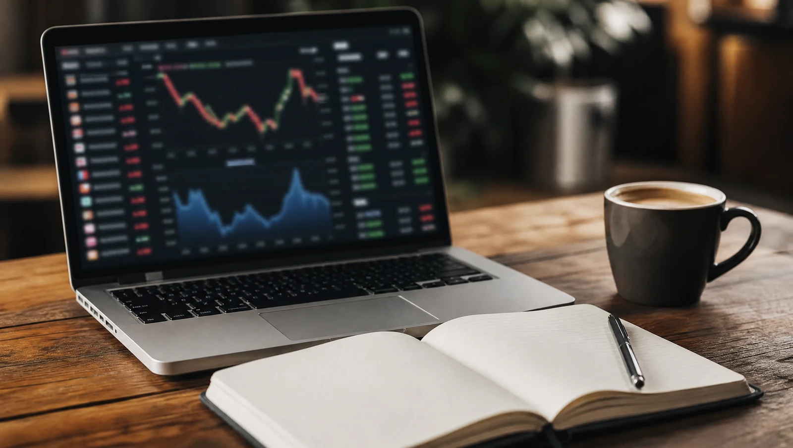 A laptop showing exchange rate figures next to a notebook and coffee