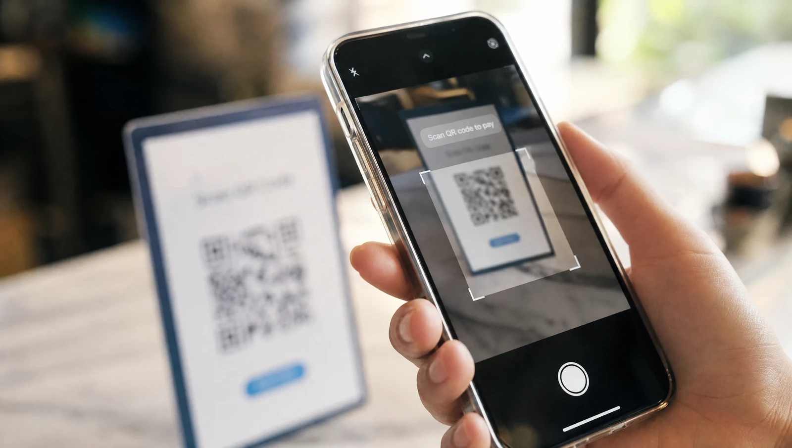 Close-up of a smartphone scanning a QR code payment display