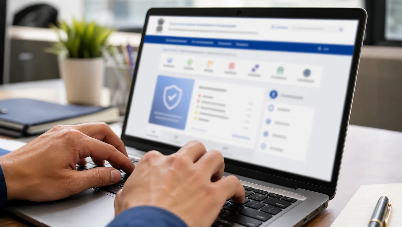 Close-up of hands typing on a laptop showing a government compliance portal