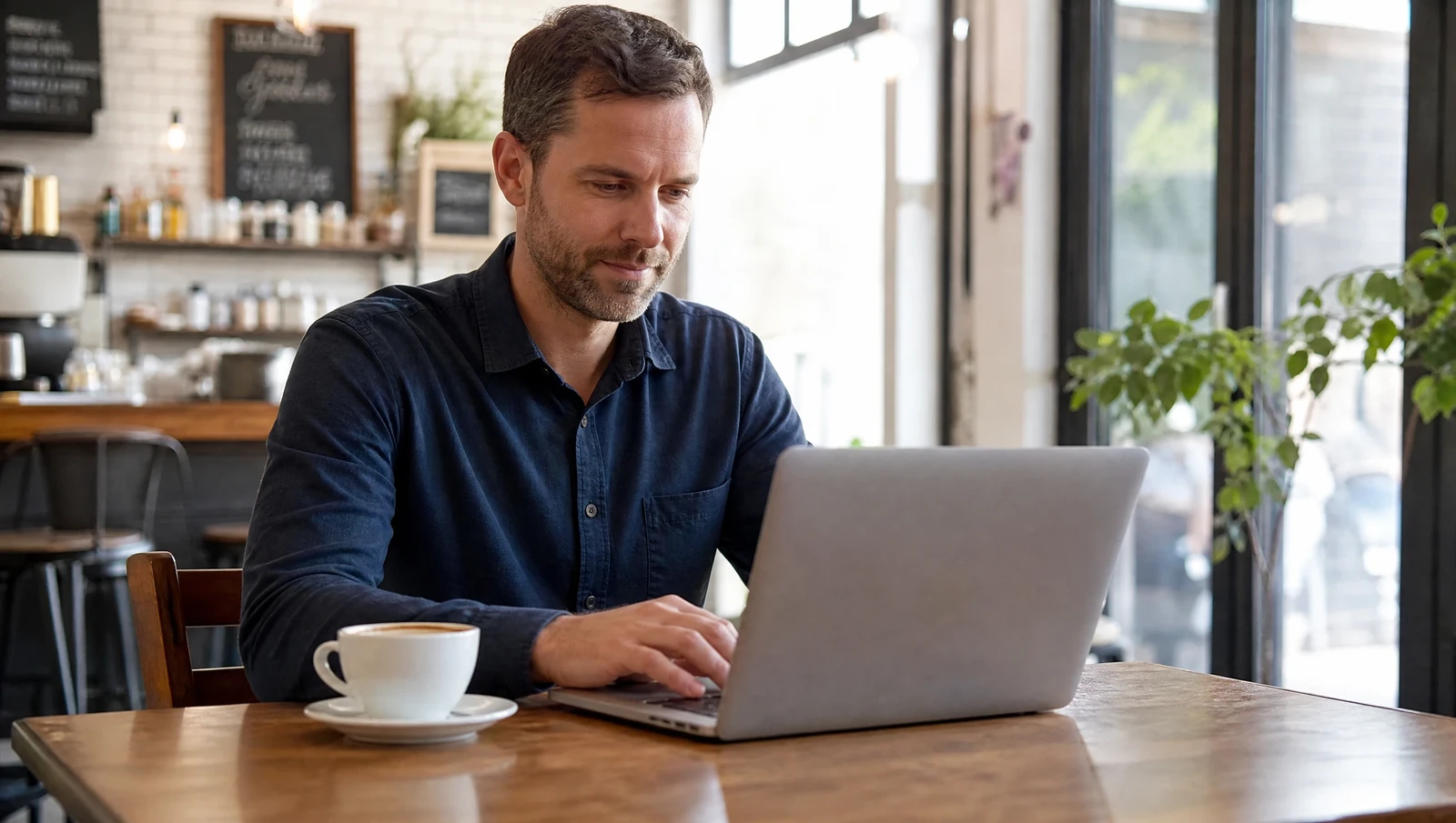 A relaxed small business owner working from a laptop in a casual cafe setting