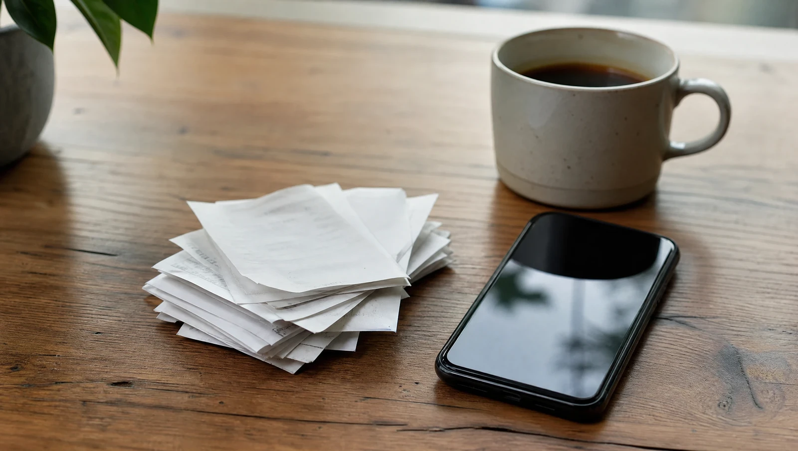 A pile of paper receipts next to a smartphone and coffee cup