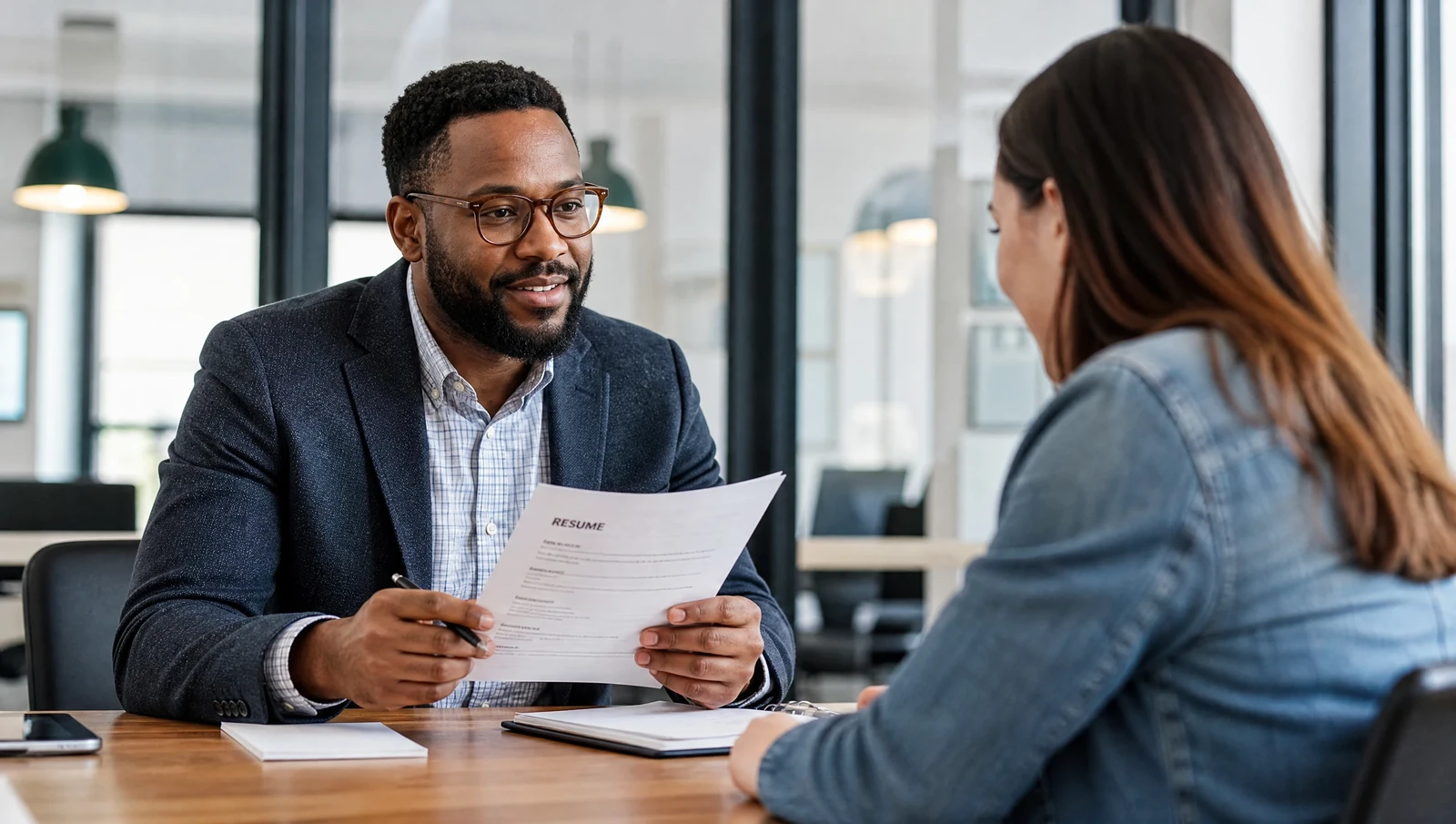 A hiring manager reviewing a candidate resume across a desk
