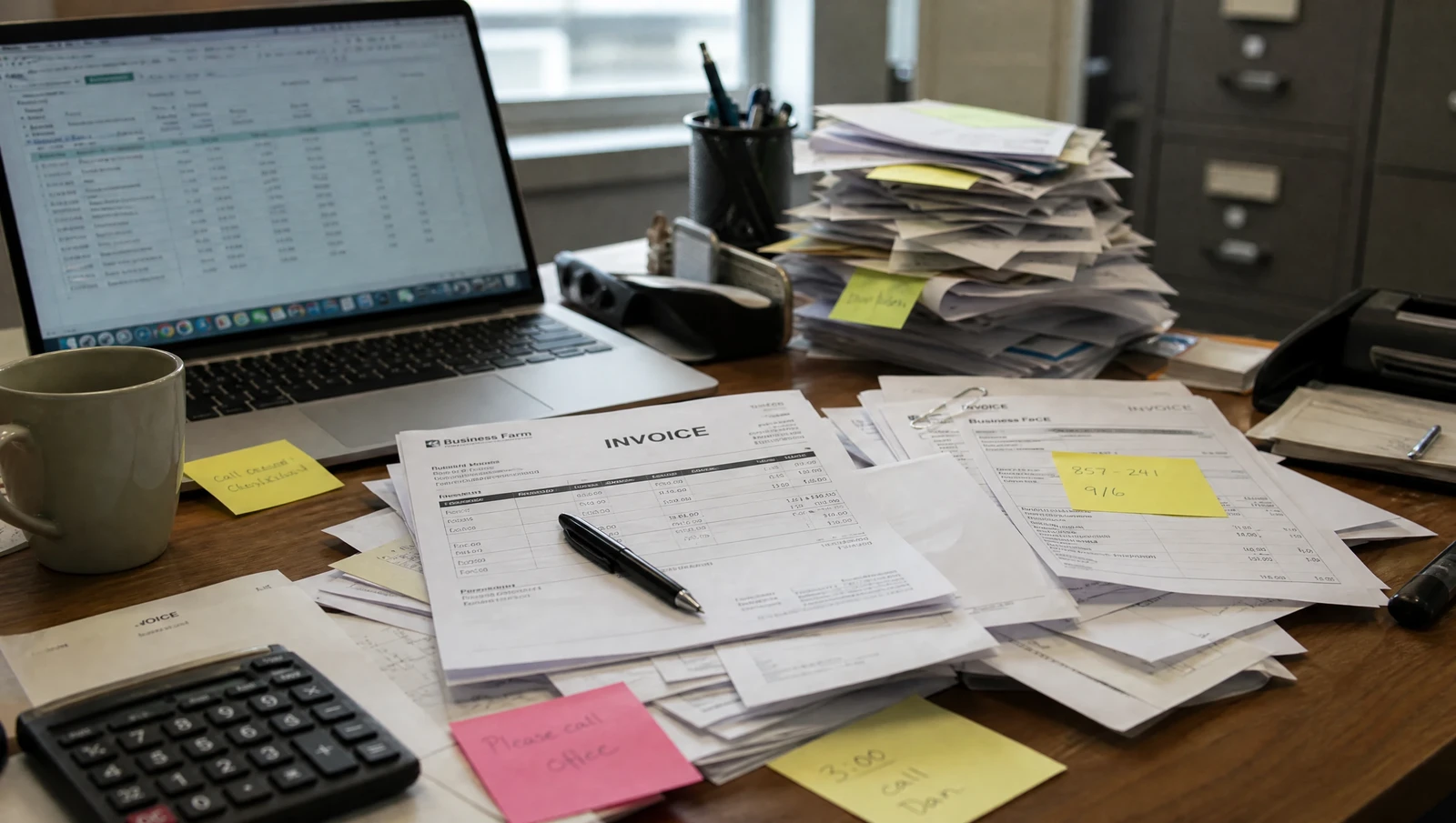 A cluttered desk with scattered invoice paperwork and a laptop