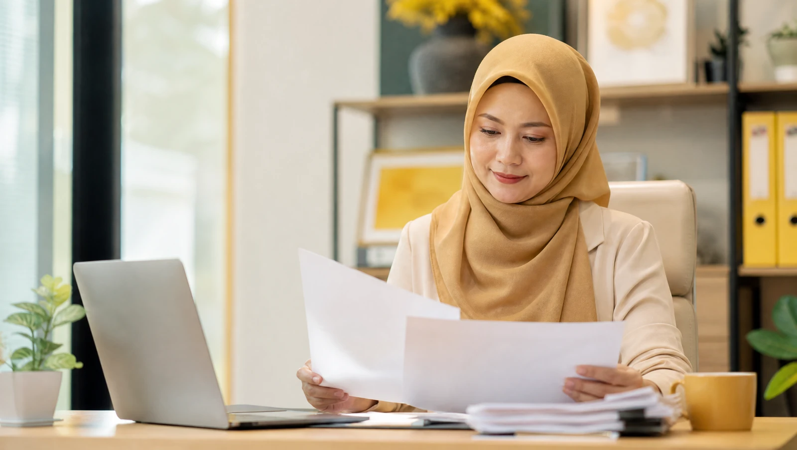 A Malaysian business owner reviewing employee payslips at a desk