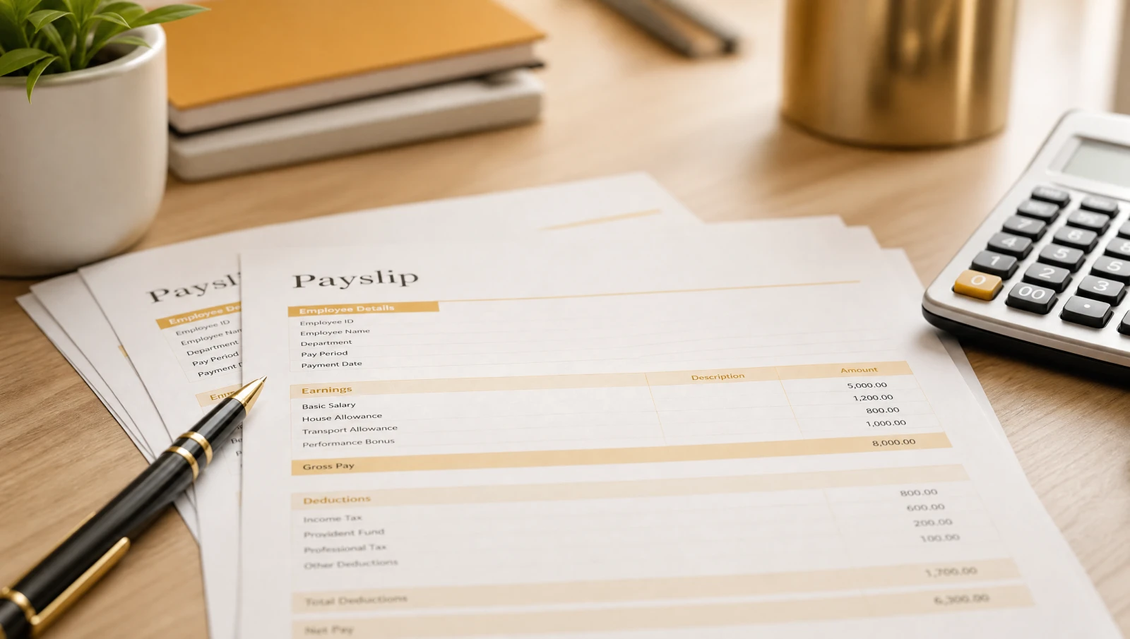 Printed payslip documents with a pen and calculator