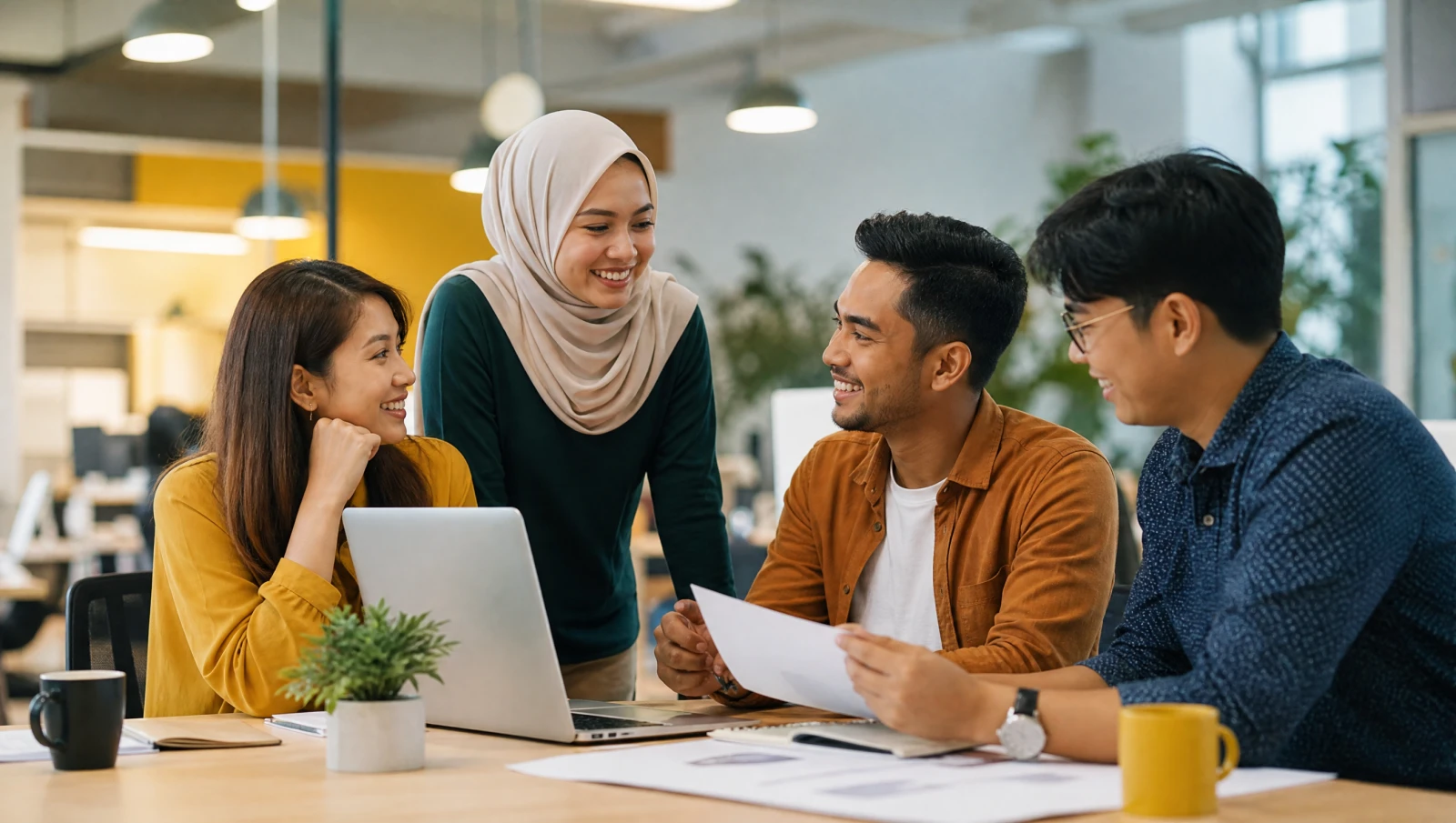 A small Malaysian team collaborating in an office