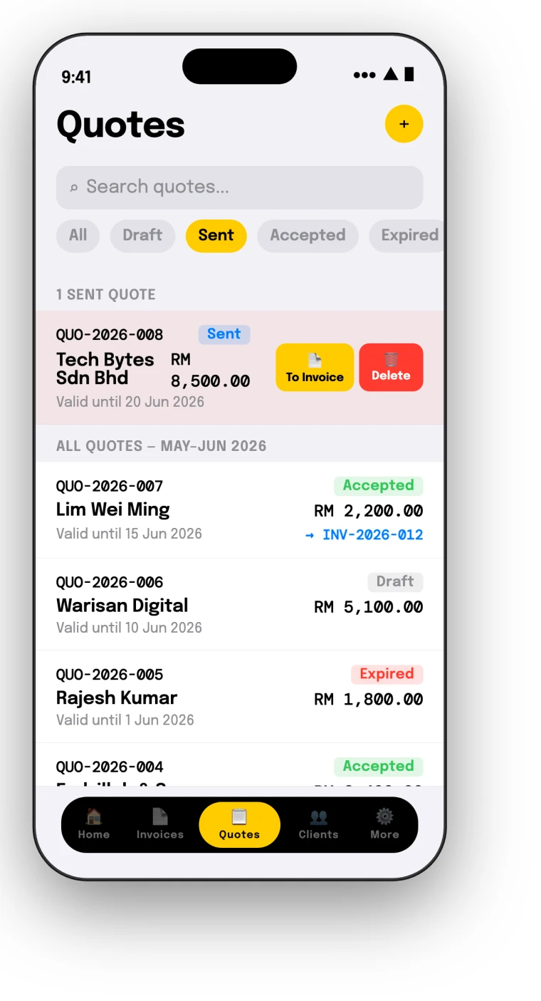 The Faktur.my quotes screen on an iPhone