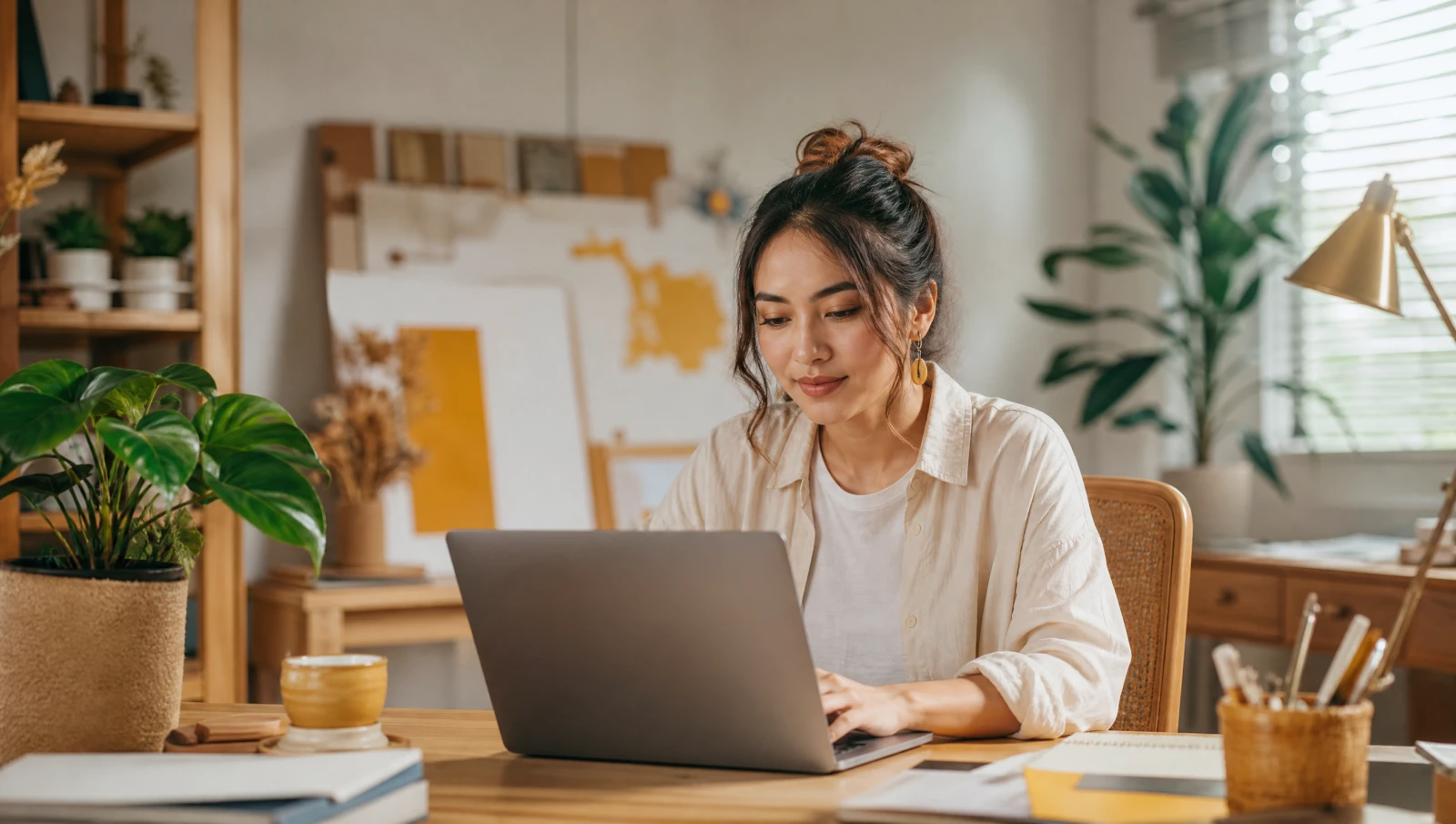 A Malaysian freelance designer working on a laptop in a home studio