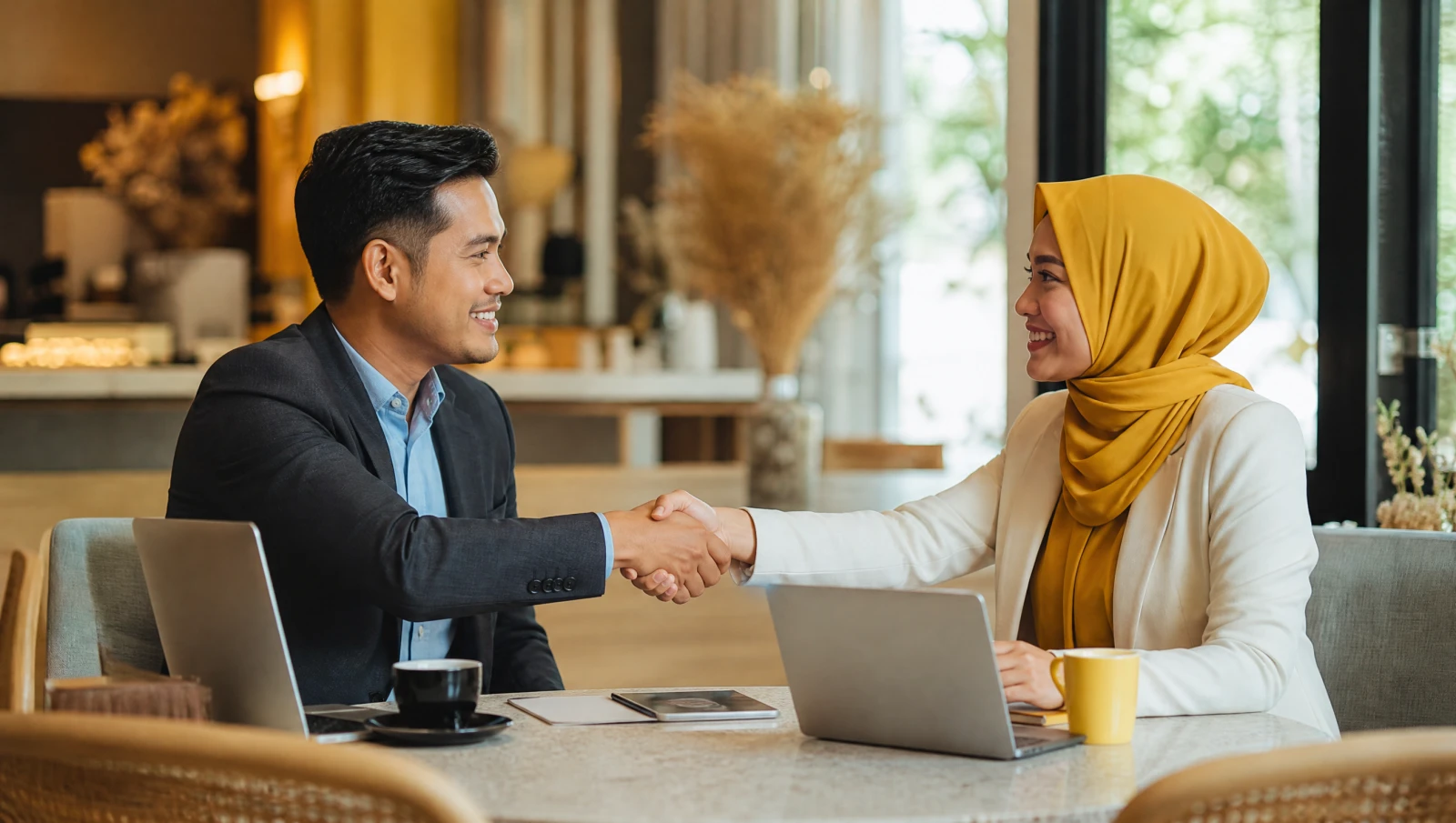 Two professionals shaking hands closing a deal at a cafe