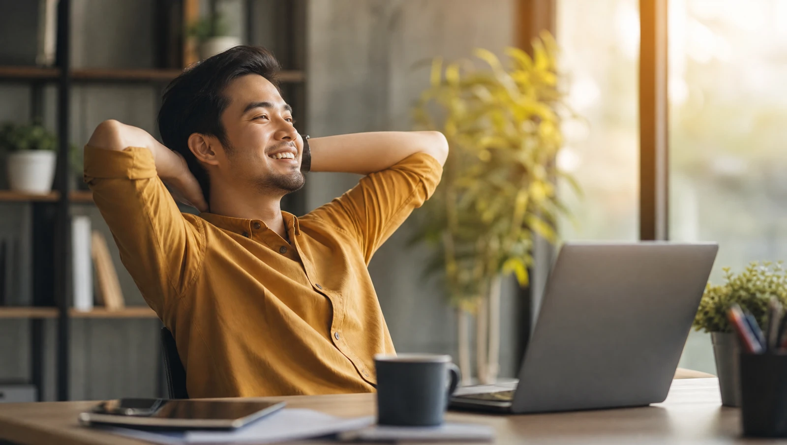 A satisfied freelancer relaxing at their desk with coffee