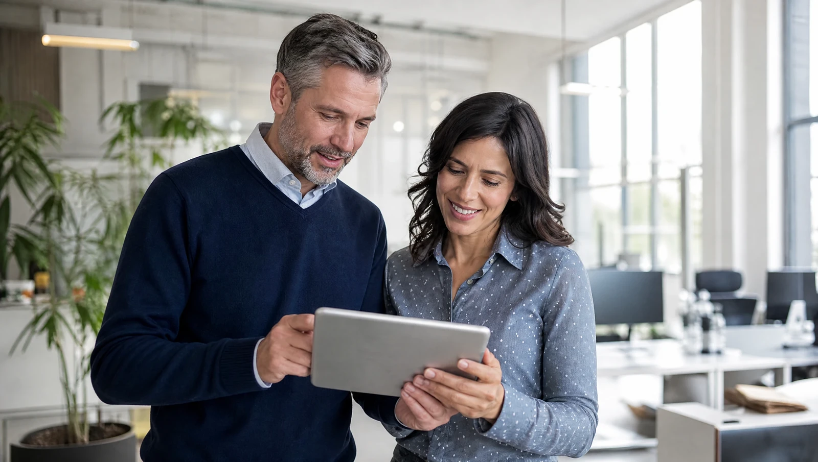 Two people reviewing a document together on a tablet in a bright office
