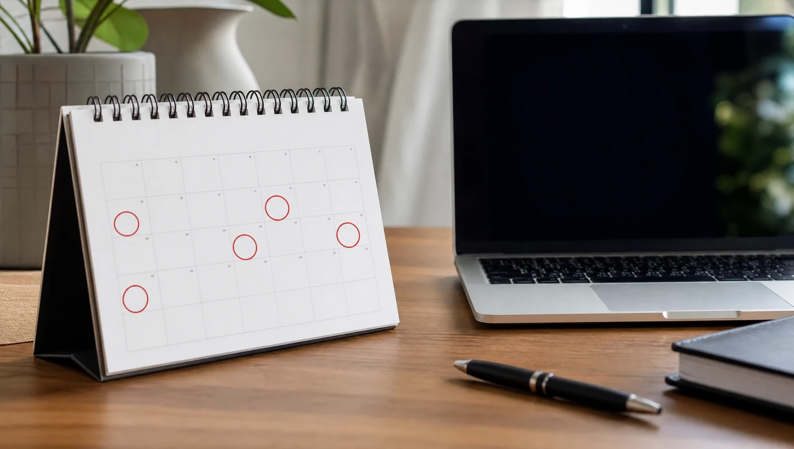 A desk calendar with billing dates circled next to a laptop