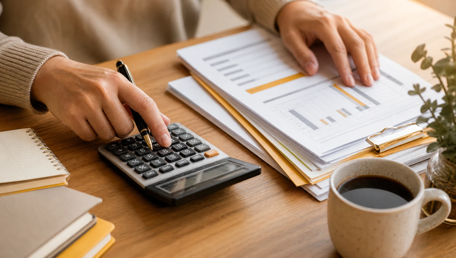 Hands using a calculator beside organized tax documents