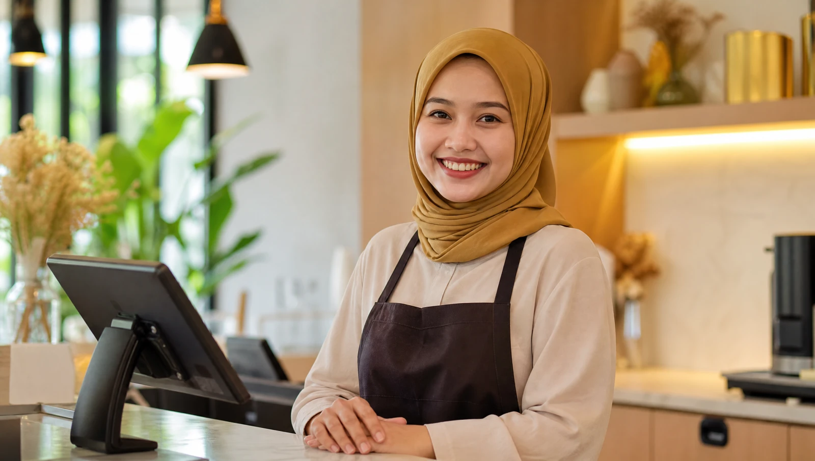 A friendly Malaysian shop owner at a modern counter