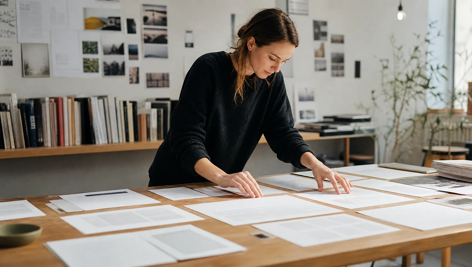 A designer arranging different invoice layout mockups on a table