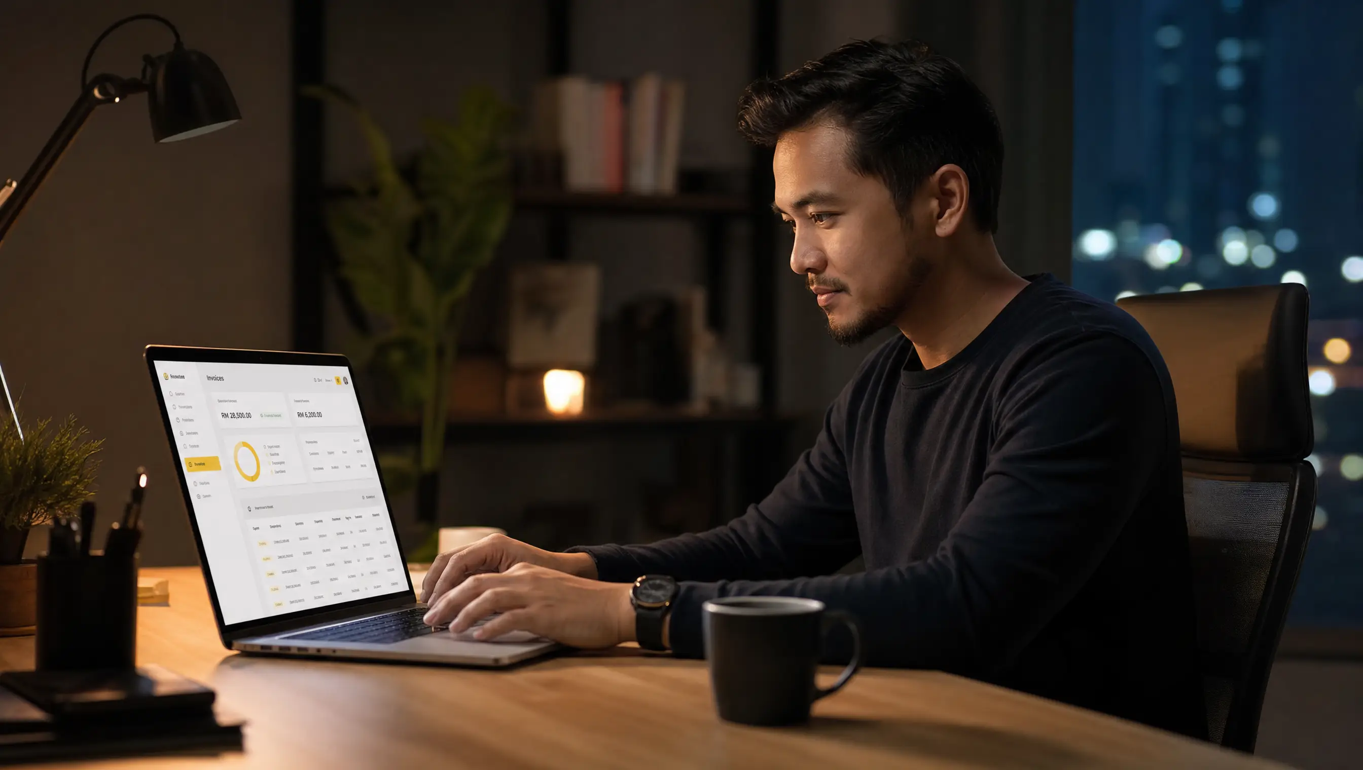 Malaysian professional working on invoices
